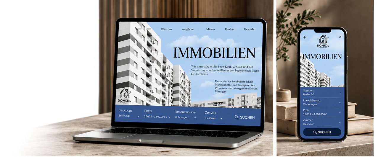 DOMIZIL Immobilien — bereitgestellte Desktop- und Mobilpräsentation